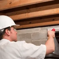 Termite inspection technician checking a basement wall and framing for termite activity in Eugene, OR